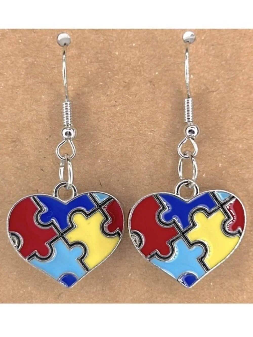 Lulu's Multicolor Puzzle Heart Dangle Earrings - Red, Blue, Yellow, Light Blue